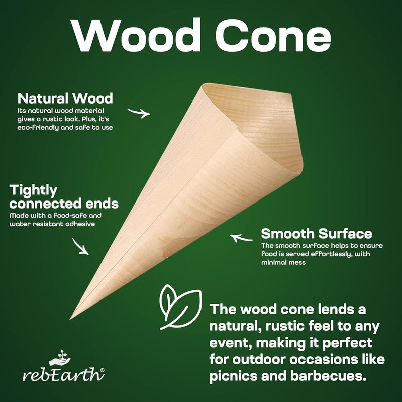 rebEarth Disposable Pinewood Cones - Heat Resistant Cups for Charcuterie & Snacks - Alternative to Plastic - Small Wooden Cones 7.25" 100 Count - Image 2