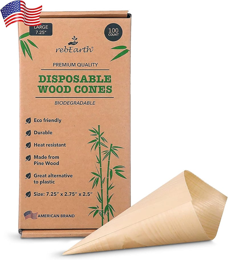 rebEarth Disposable Pinewood Cones - Heat Resistant Cups for Charcuterie & Snacks - Alternative to Plastic - Small Wooden Cones 7.25" 100 Count - Image 1