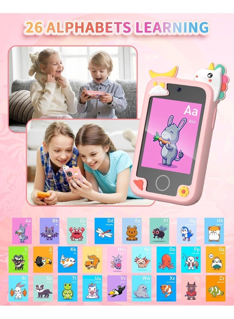 لعبة هاتف تعليمي بشاشة لمس للأولاد والبنات من 3 إلى 10 سنوات، شاشة 2.8 بوصة بكاميرتين مزدوجة، ألعاب تعليمية، مشغل موسيقى، تتضمن بطاقة ذاكرة 8 جيجابايت - وردي - Image 4