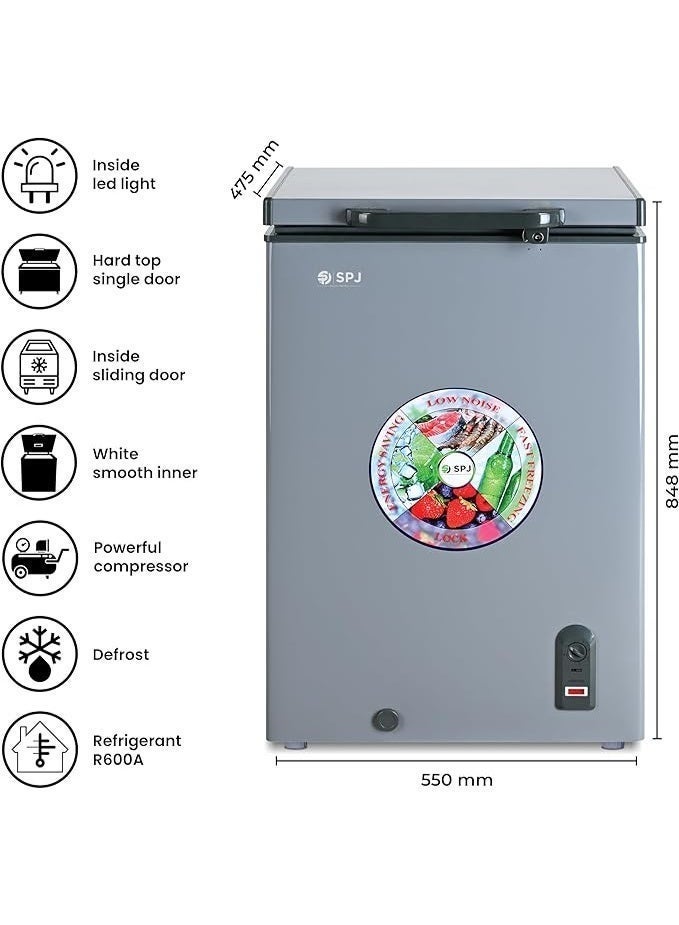 SPJ 100 L Chest Freezer, Hard-Top Single Door, White Smooth Inner & Inside Sliding Door, Powerful Compressor, Energy Efficient, Ideal for Home & Restaurant Use – Grey | Model POSH-SLW130C | 1-Year Warranty - Image 1