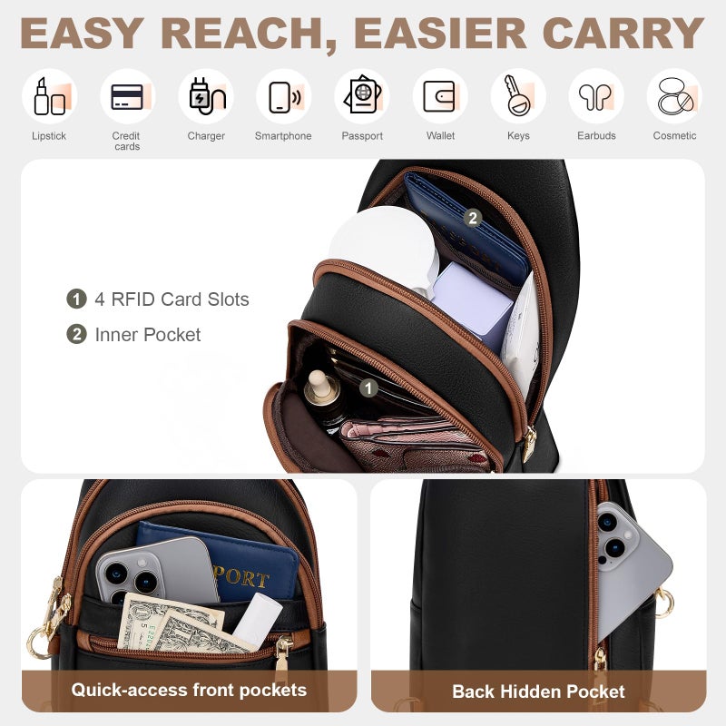 SYTRAH Anti Theft Crossbody Bags for Women, RFID Sling Bag Travel Purse, RFID Cross Body Purses Chest Bag for Travel Black Brown - Image 4