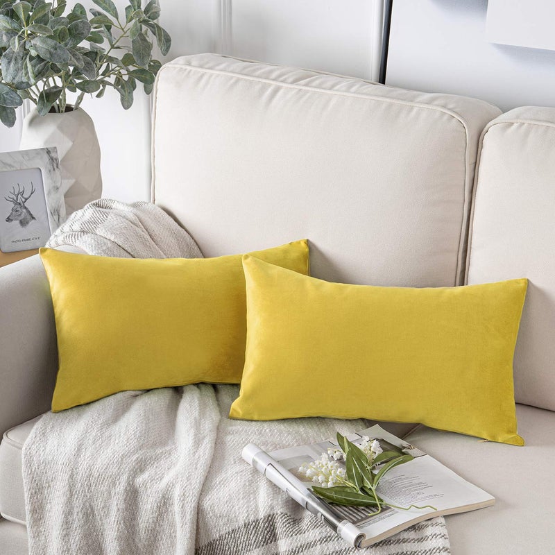 Phantoscope Pack of 2 Velvet Decorative Throw Decorative Pillow Cover Soft Solid Square Cushion Case for Couch Yellow 12 x 20 inches 30 x 50 cm - Image 1