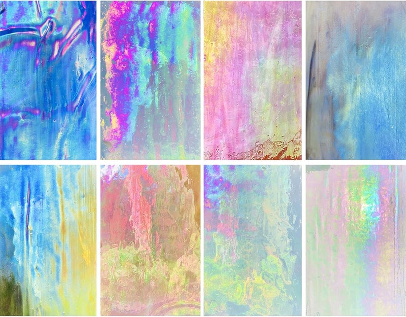 LITMIND 8 Pcs Stained Glass Sheets Variety Pack, 4 x 6 inch Iridescent Glass Sheets for Beginners, Mosaic Tiles for Crafts, Art Glass Pack (Opaque/Iridescent) - Image 1