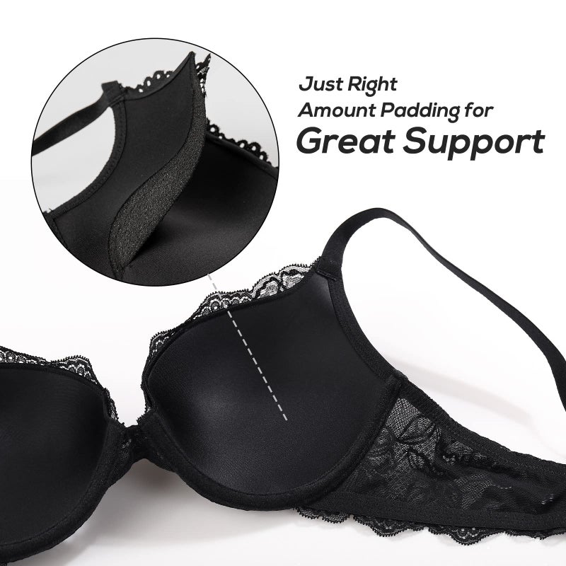 DOBREVA Women's Push Up Lace Bra Underwire Plunge Full Coverage Bras Sexy Plus Size Support Black 38C - Image 3