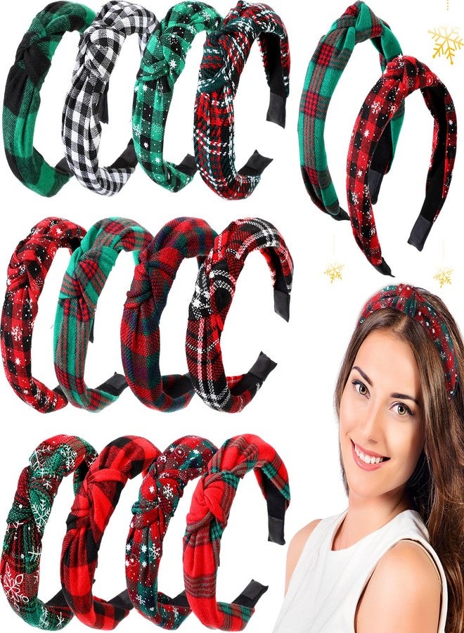 Yilloog 12 Pcs Christmas Knotted Retro Hair Band Snowflake Buffalo Plaid Headband Green Red for Women Wide Accessories Holiday Hoop Hairband for Yoga Run Work - Image 1