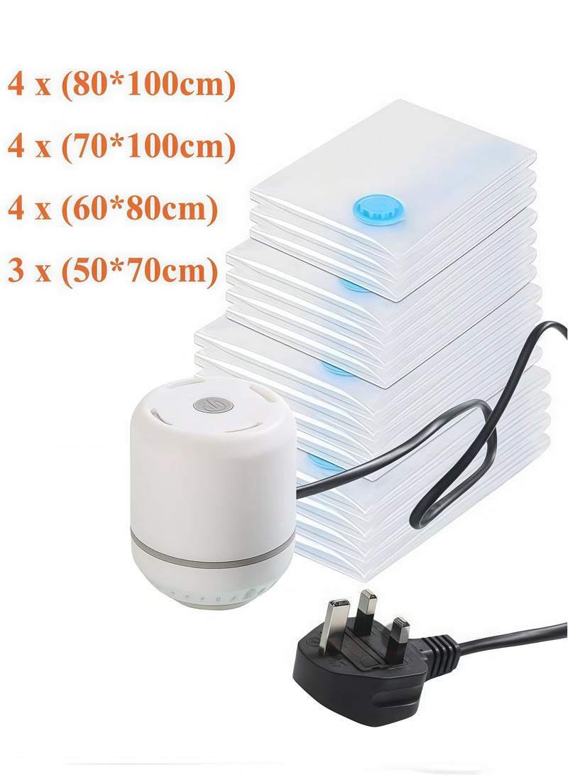 SKT Shiketro 15 vacuum storage bags, space-saving, with electric pump, reusable, vacuum-sealed storage bags, suitable for bedding, clothing, curtains, pillows (4 bags 80*100CM, 4 bags 70*100CM, 4 bags 60*80CM, 3 bags 50*70CM) - Image 1