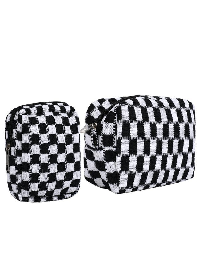 Jaarssho Sanitary Napkin Storage Bag Makeup Bag Set, Black Checkered Knit Design (2pcs Large & Small, Discreet Period Bags Pad Pouch, Small Pouch for Feminine Products, Tampon Holder for Purse Travel Use - Image 1