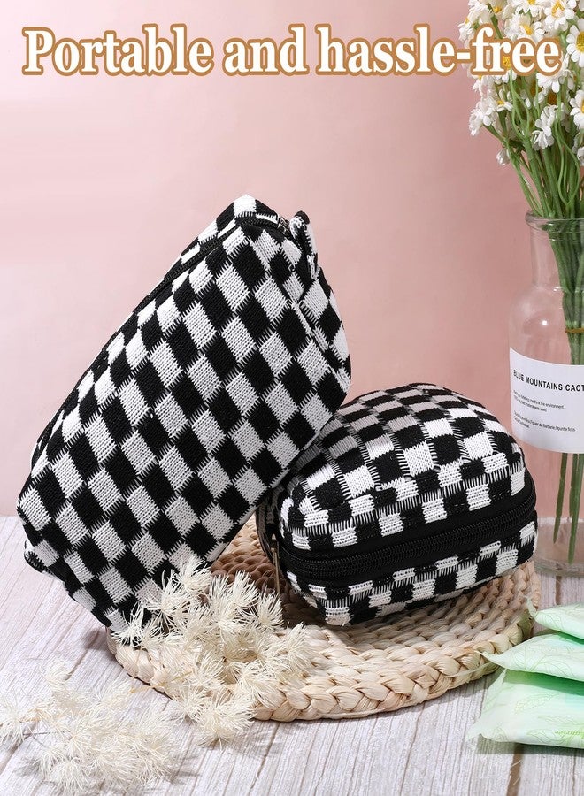 Jaarssho Sanitary Napkin Storage Bag Makeup Bag Set, Black Checkered Knit Design (2pcs Large & Small, Discreet Period Bags Pad Pouch, Small Pouch for Feminine Products, Tampon Holder for Purse Travel Use - Image 5