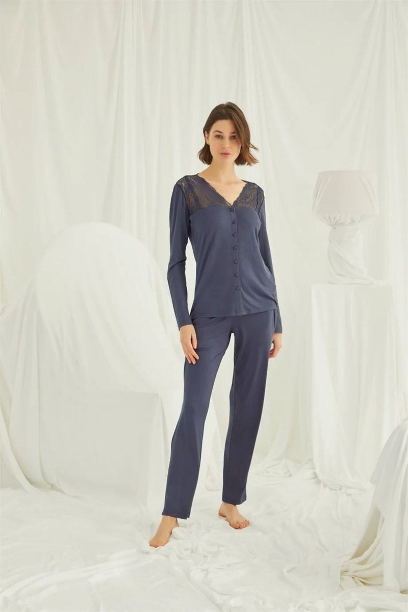 Monamise Women's Navy Blue Lace Shoulder Buttoned Front Pajama Set 18209 - Image 3