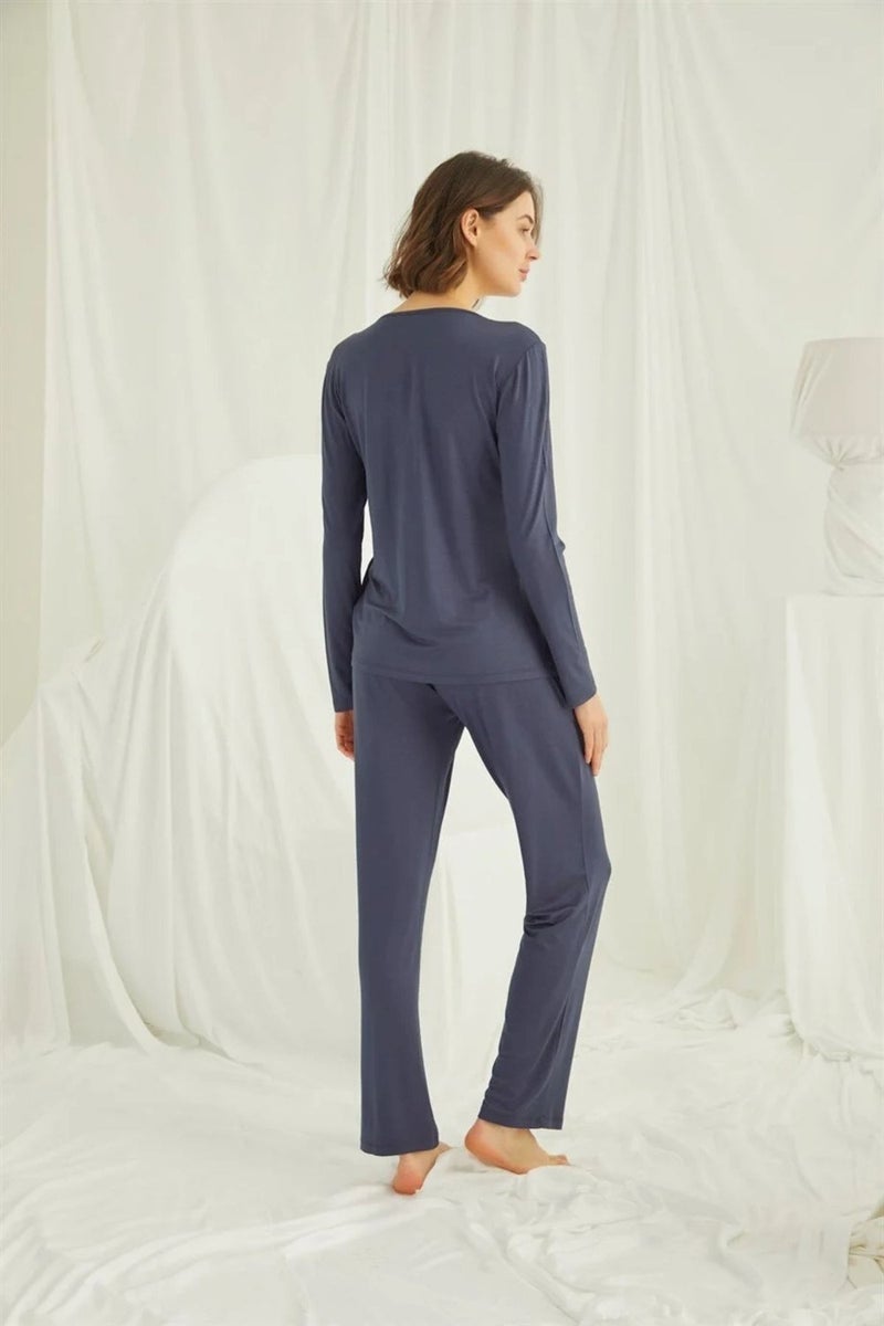 Monamise Women's Navy Blue Lace Shoulder Buttoned Front Pajama Set 18209 - Image 4