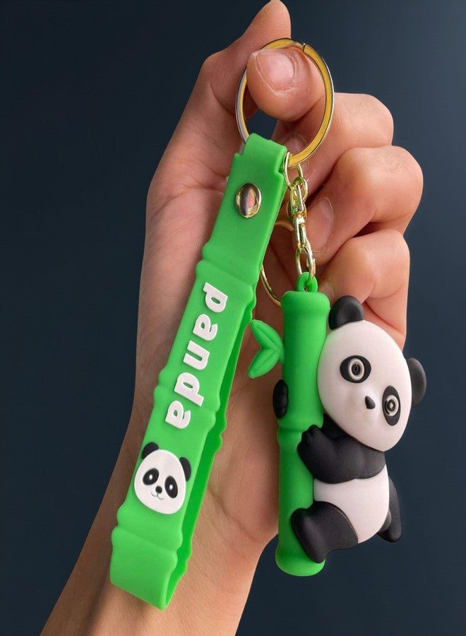 AEROSTARK Cute Panda Keychain for Kids & Adults - 3D Cartoon Panda Hanging on Bamboo | Soft Silicone Animal Keyring with Wrist Strap | Bag, Bike & Car Accessory Gift for Boys, Girls - Image 1