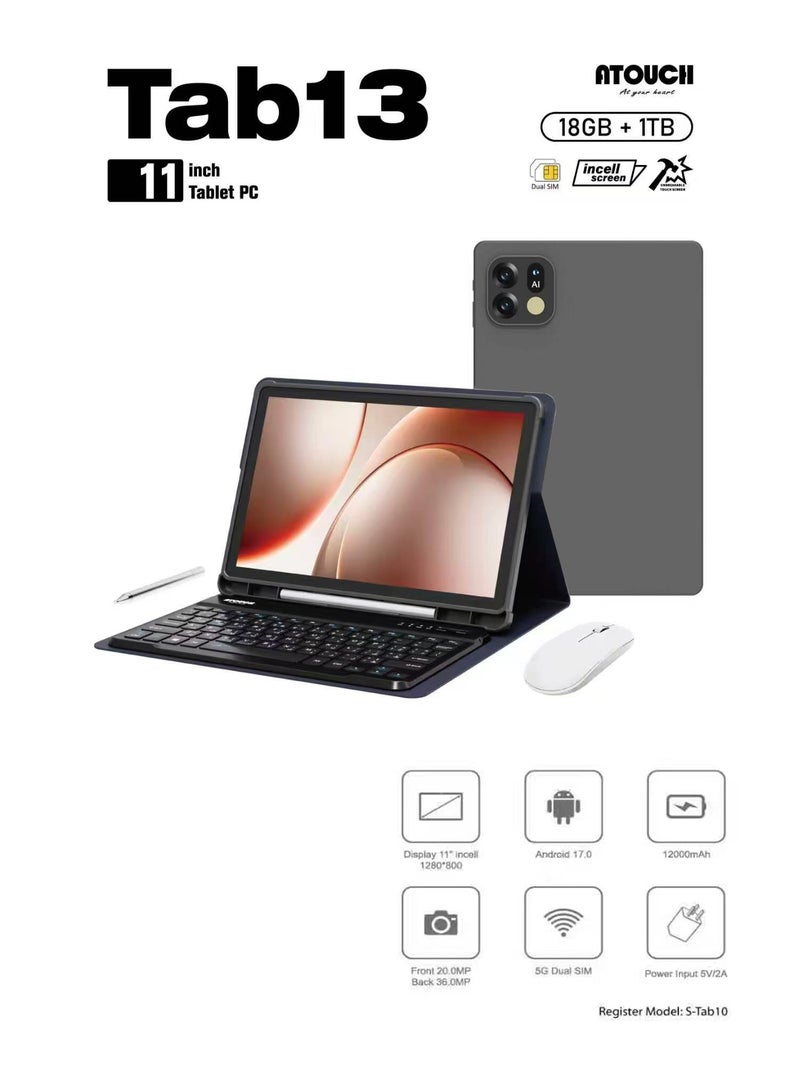 ATOUCH Tab 13 11-inch Android Tablet with Keyboard and Mouse – 18GB RAM 1TB ROM 5G Network Dual SIM Bluetooth WiFi S Tab10 Student Tablet with Stylus - Grey - Image 2