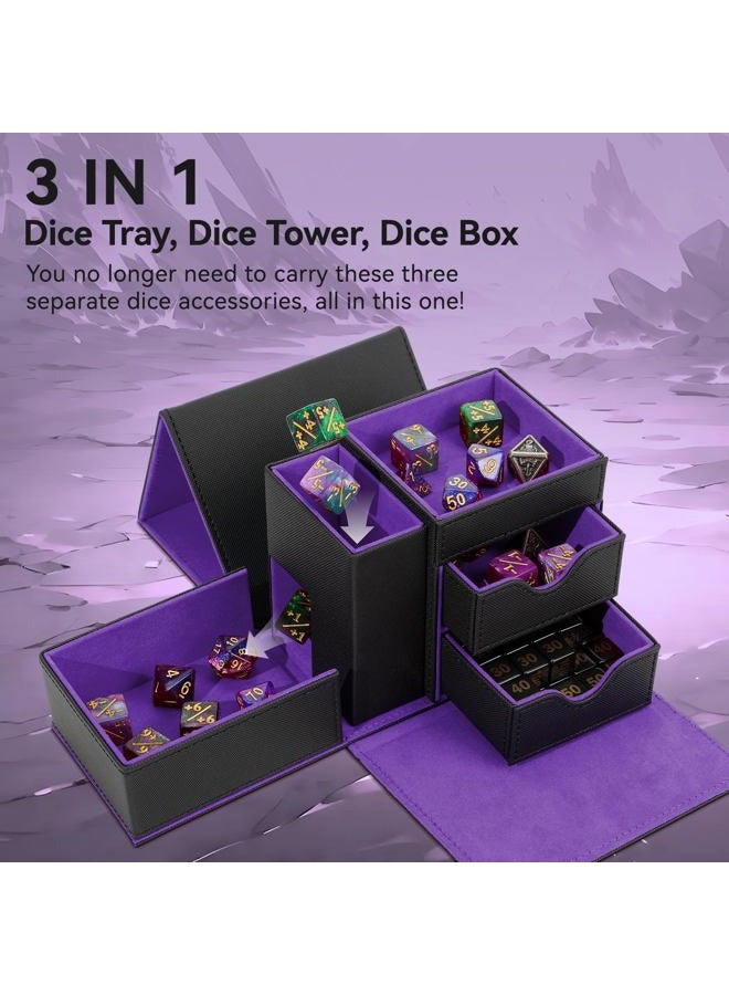 Stepane Dice Tray & Dice Tower Storage Box, 3 in 1 Dice Holder Case (Dice Rolling Tray, Dice Rolling Tower, Dice Storage Drawers), Leather Magnetic Closure DND Accessories Gifts for RPG MTG, Black/Violet - Image 2