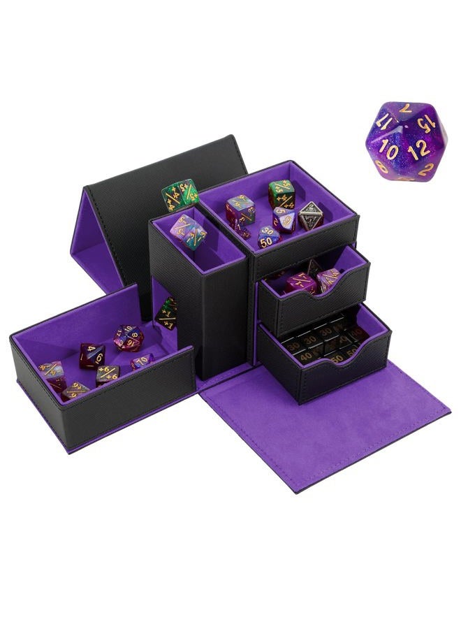 Stepane Dice Tray & Dice Tower Storage Box, 3 in 1 Dice Holder Case (Dice Rolling Tray, Dice Rolling Tower, Dice Storage Drawers), Leather Magnetic Closure DND Accessories Gifts for RPG MTG, Black/Violet - Image 1