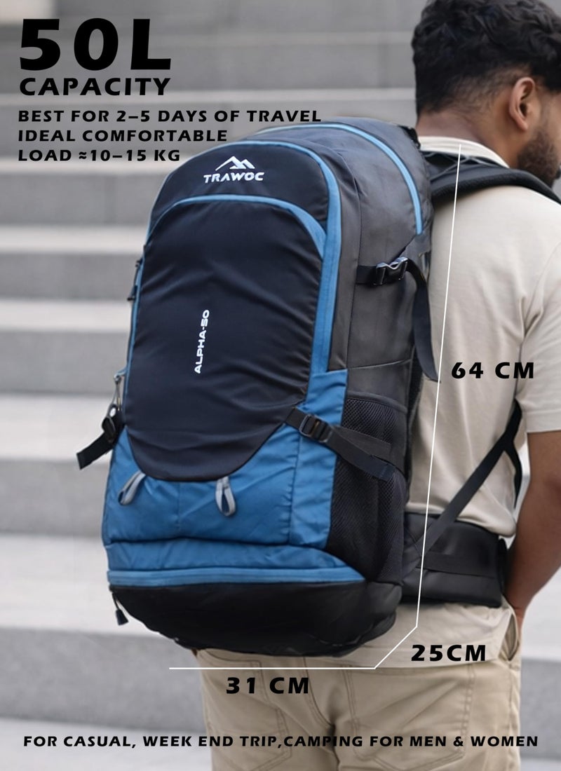 TRAWOC ALPHA 50 Litre Travel Backpack Water Resistant Daypack Bag for Cycling Trekking Hiking Camping for Men & Women, 3 Year Warranty, Sky Blue - Image 4