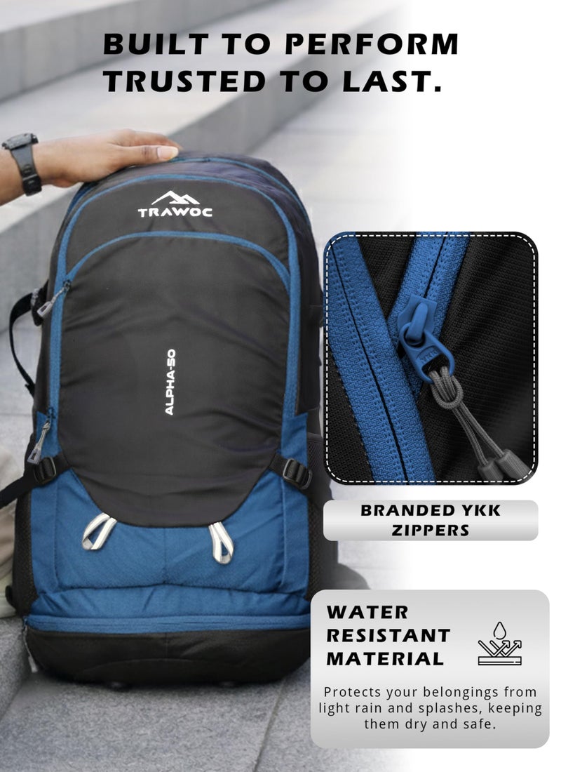 TRAWOC ALPHA 50 Litre Travel Backpack Water Resistant Daypack Bag for Cycling Trekking Hiking Camping for Men & Women, 3 Year Warranty, Sky Blue - Image 2