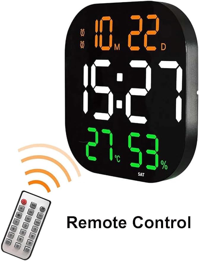ONTRIP Digital Wall Clock Large Display LED with Temperature Auto Dimming Brightness Time Date Day of Week Remote Controlled Clock Ideal for Home and Office Hexa