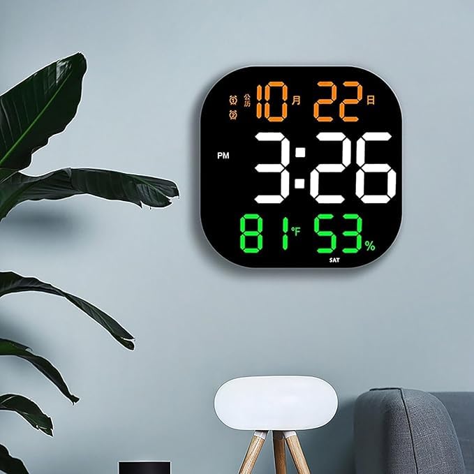 ONTRIP Digital Wall Clock Large Display LED with Temperature Auto Dimming Brightness Time Date Day of Week Remote Controlled Clock Ideal for Home and Office Hexa