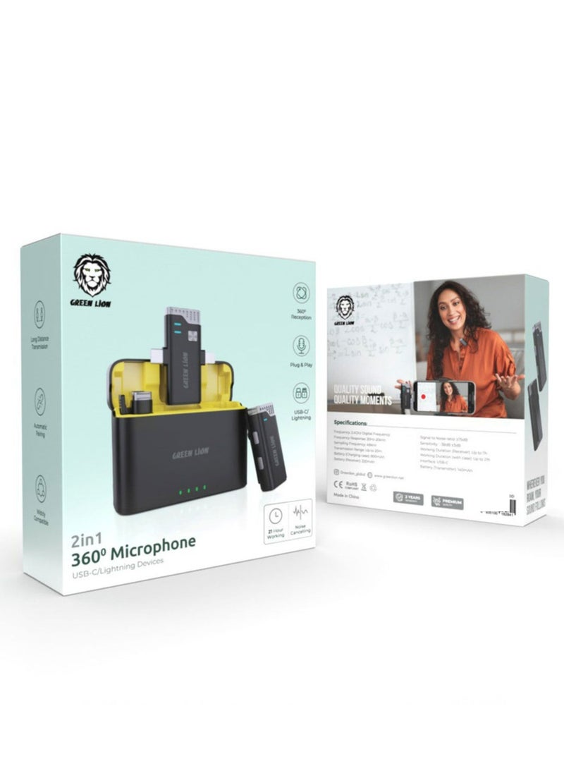 GREEN LION 2 In 1 360° Microphone USB-C Lightning / 21 Hours Working Time / Automatic Pairing / Up to 20m Transmission Range / Noise Cancelling - Black  - Image 3