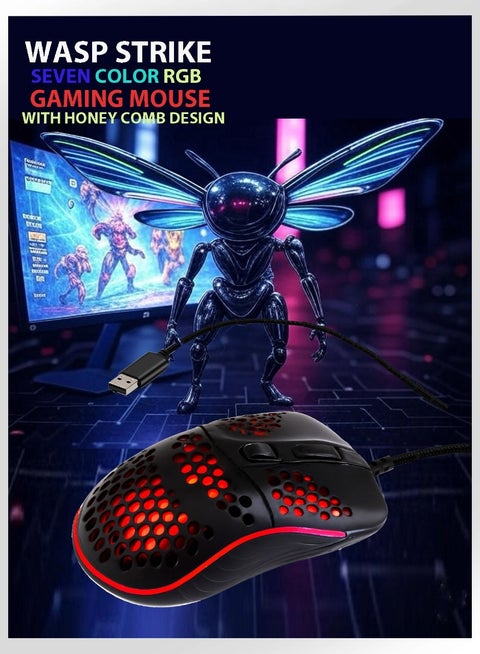WaspStrike – 7-Color RGB LED Gaming Mouse with Honeycomb Design & Precision Control