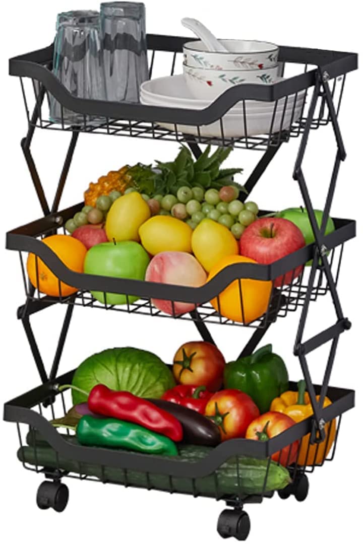 Mokshith Fruit Basket for Kitchen Foldable Mobile Fruit and Vegetable Storage Cart Wire Baskets with Lockable Wheels Potatoes Onions Produce Storage for Kitchen Pantry Black 3 TIER