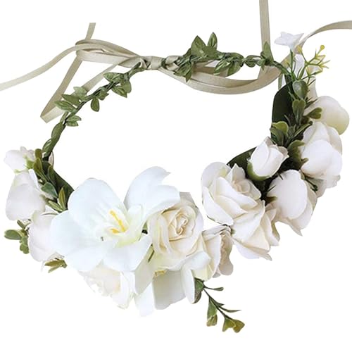 YnimioAOX Handmade Adjustable Flower Wreath Headband Halo Floral Crown Garland Headpiece,A11-pure white - Image 1