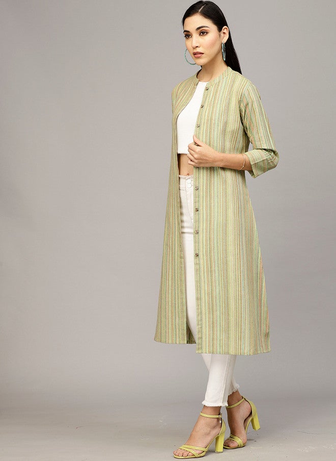 LARGISH Striped Mandarin Collar Pure Cotton Shirt Kurta in Green - Image 3