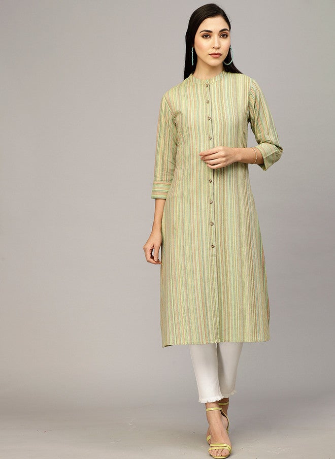 LARGISH Striped Mandarin Collar Pure Cotton Shirt Kurta in Green - Image 1