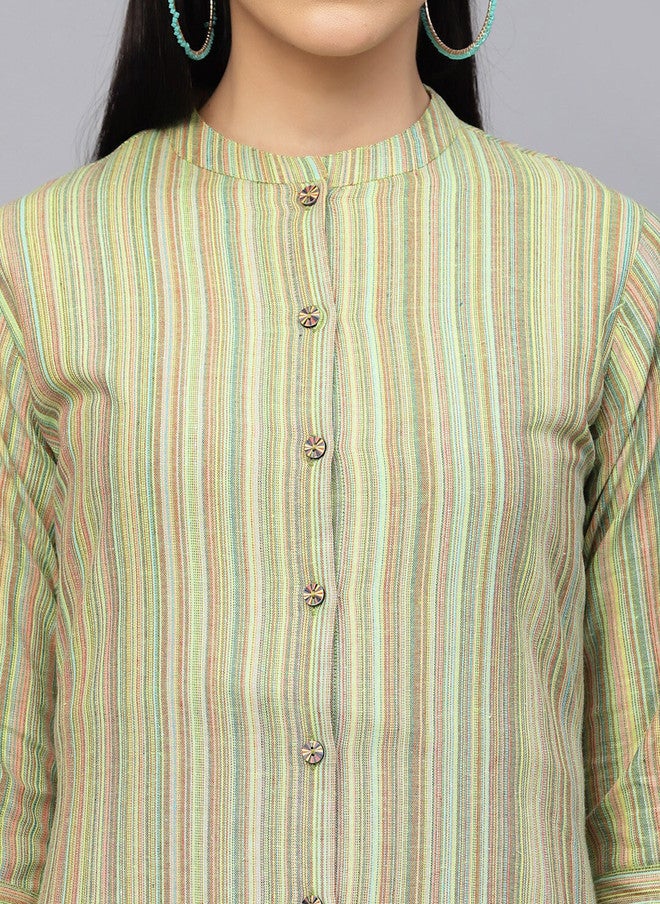 LARGISH Striped Mandarin Collar Pure Cotton Shirt Kurta in Green - Image 2