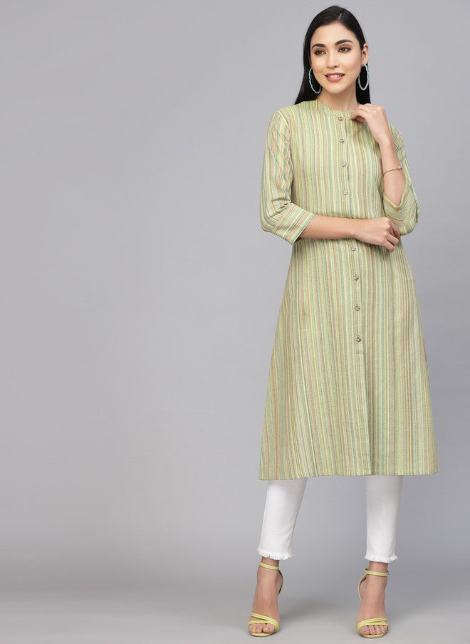 LARGISH Striped Mandarin Collar Pure Cotton Shirt Kurta in Green - Image 5