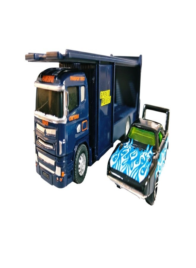 eToymart Die Cast Transport Truck with Sports Car for Toddlers | Kids Trailer Toy with Mini Racing Car | Metal Carrier Vehicle for Boys and Girls 3+ Years | Friction Powered Transporter Toys (Blue) - Image 1