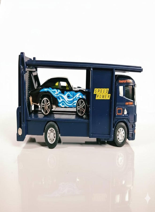 eToymart Die Cast Transport Truck with Sports Car for Toddlers | Kids Trailer Toy with Mini Racing Car | Metal Carrier Vehicle for Boys and Girls 3+ Years | Friction Powered Transporter Toys (Blue) - Image 2