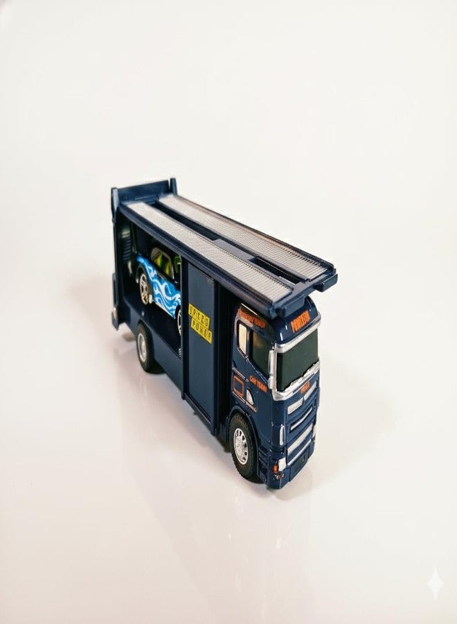 eToymart Die Cast Transport Truck with Sports Car for Toddlers | Kids Trailer Toy with Mini Racing Car | Metal Carrier Vehicle for Boys and Girls 3+ Years | Friction Powered Transporter Toys (Blue) - Image 4