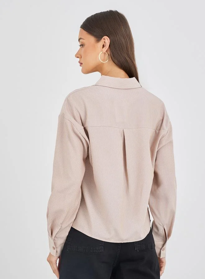 Styli Styli Striped Badge Detail Chest Pocket Cropped Shirt