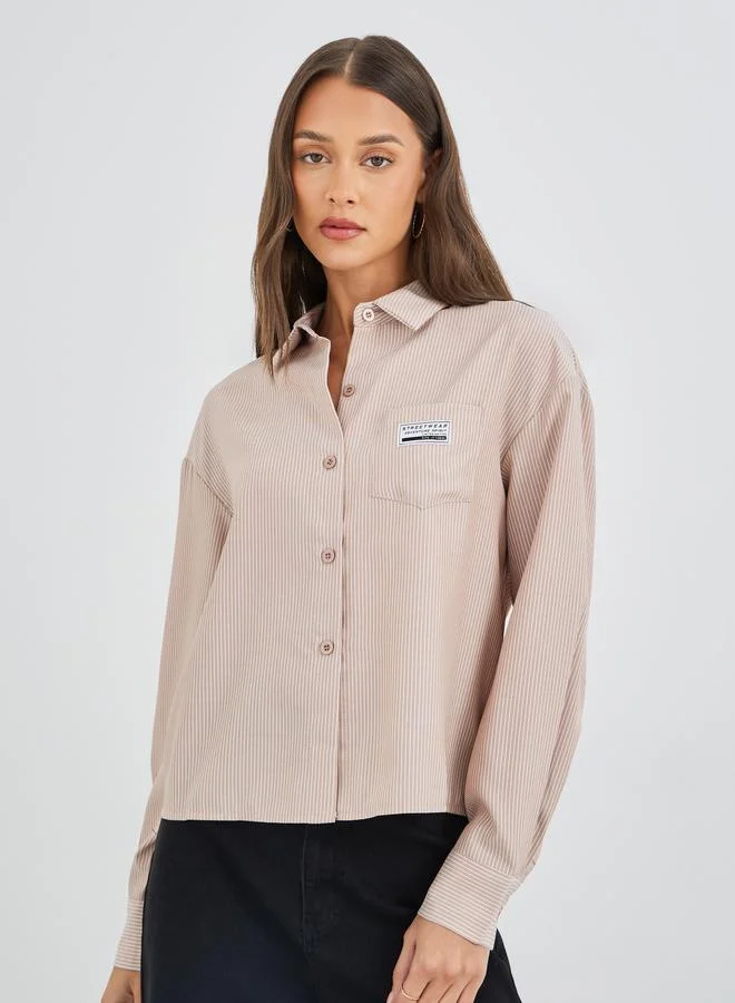 Styli Styli Striped Badge Detail Chest Pocket Cropped Shirt