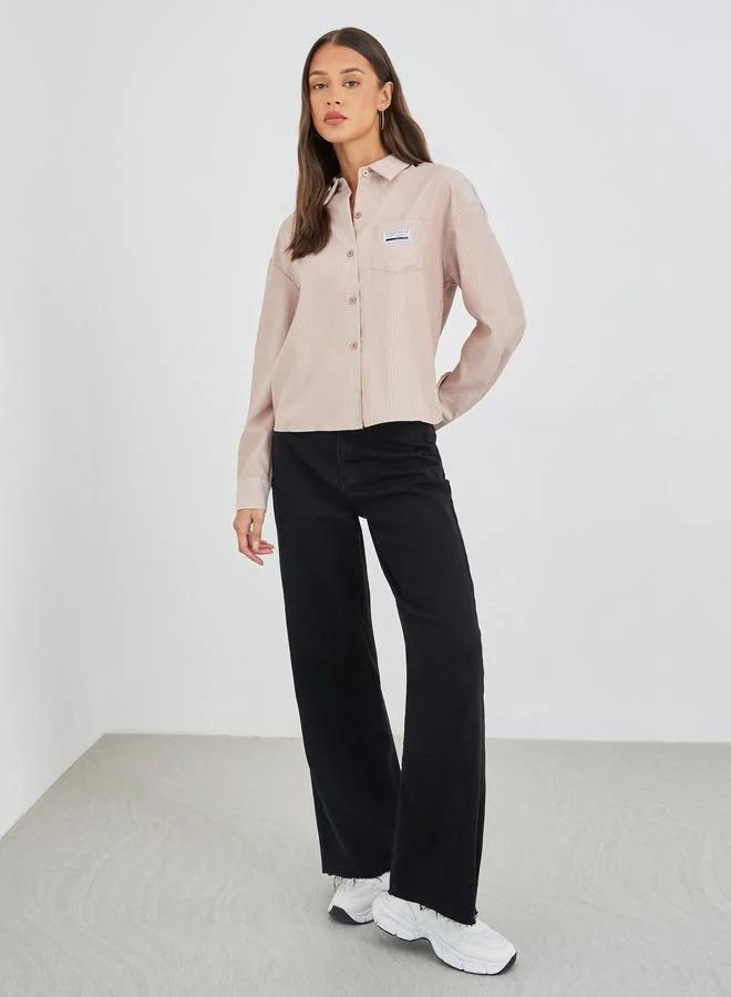 Styli Styli Striped Badge Detail Chest Pocket Cropped Shirt