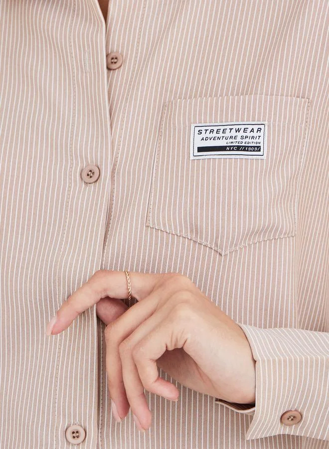 Styli Styli Striped Badge Detail Chest Pocket Cropped Shirt