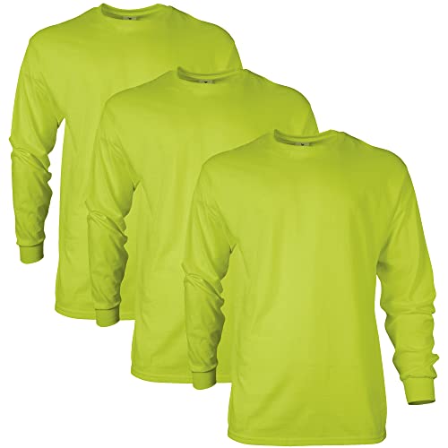Gildan Mens Ultra Cotton Long Sleeve TShirt Style G2400 Multipack Safety Green 3Pack Large - Image 1