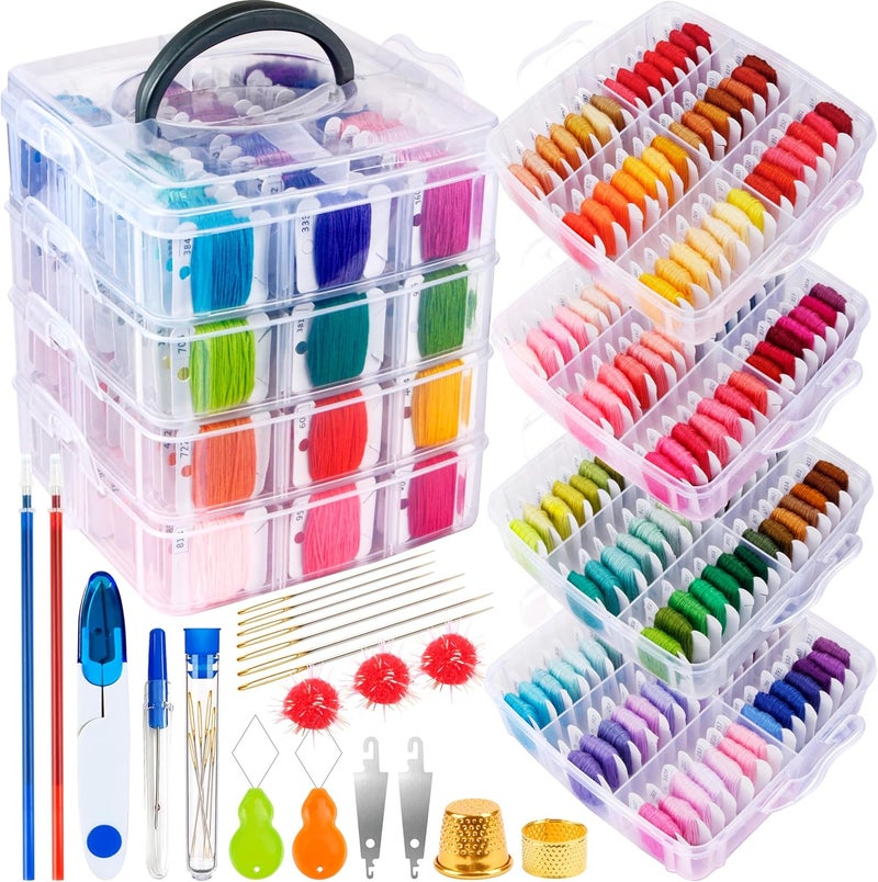 Bymore 262 Pack Embroidery Thread Floss Kit Including 200 Colors 8 M/Pcs Cross Stitch Sewing Thread with Floss Bins and 62 Pcs Cross Stitch Tool,4-Tier Transparent Storage Box - Image 1