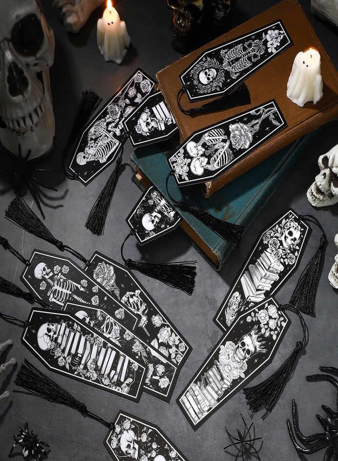 Kolldenn 60 Pcs 12 Styles Gothic Skeleton Coffin Bookmarks Double Sided Book Tracker Skull Horror Bookmark Gothic Book Marker with Black Tassels for Reading Lovers Gifts Accessories (Halloween) - Image 4