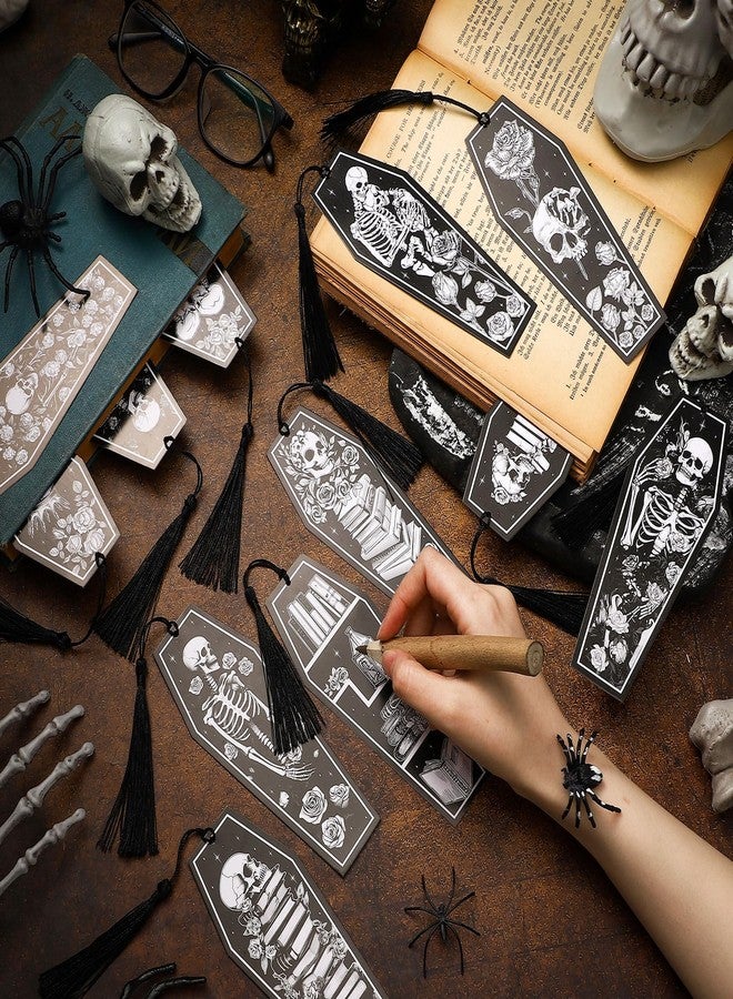 Kolldenn 60 Pcs 12 Styles Gothic Skeleton Coffin Bookmarks Double Sided Book Tracker Skull Horror Bookmark Gothic Book Marker with Black Tassels for Reading Lovers Gifts Accessories (Halloween) - Image 3
