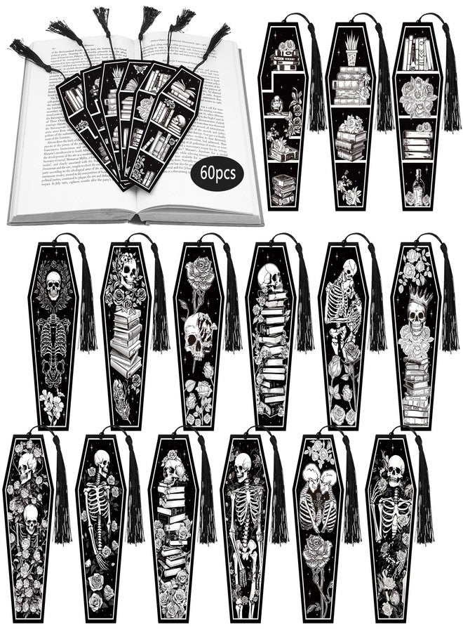 Kolldenn 60 Pcs 12 Styles Gothic Skeleton Coffin Bookmarks Double Sided Book Tracker Skull Horror Bookmark Gothic Book Marker with Black Tassels for Reading Lovers Gifts Accessories (Halloween) - Image 1