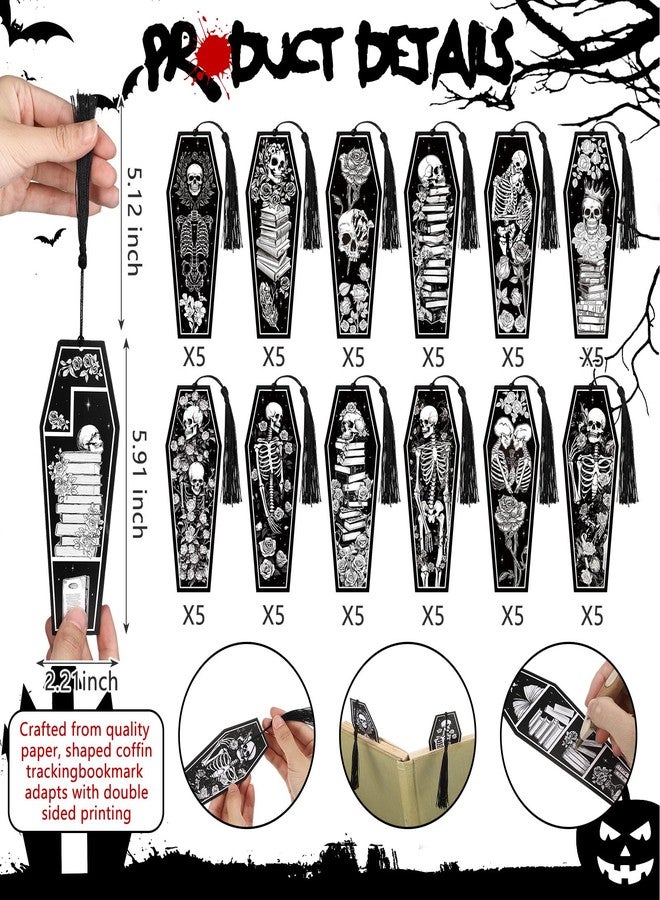 Kolldenn 60 Pcs 12 Styles Gothic Skeleton Coffin Bookmarks Double Sided Book Tracker Skull Horror Bookmark Gothic Book Marker with Black Tassels for Reading Lovers Gifts Accessories (Halloween) - Image 2