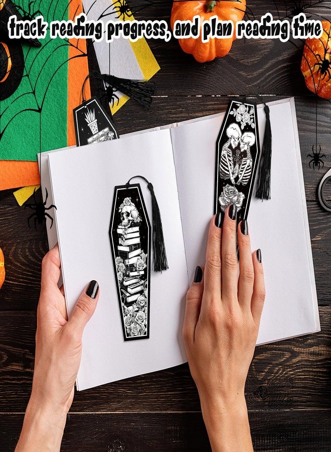 Kolldenn 60 Pcs 12 Styles Gothic Skeleton Coffin Bookmarks Double Sided Book Tracker Skull Horror Bookmark Gothic Book Marker with Black Tassels for Reading Lovers Gifts Accessories (Halloween) - Image 5
