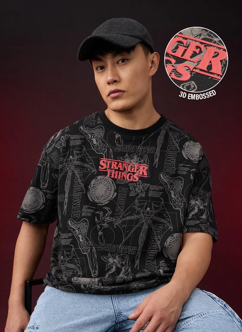 The Souled Store  The Souled Store Stranger Things: Logo Men and Boys Short Sleeves Round Neck Black Graphic Printed Monster Graphic Oversized T-Shirt for Men | Best Price UAE