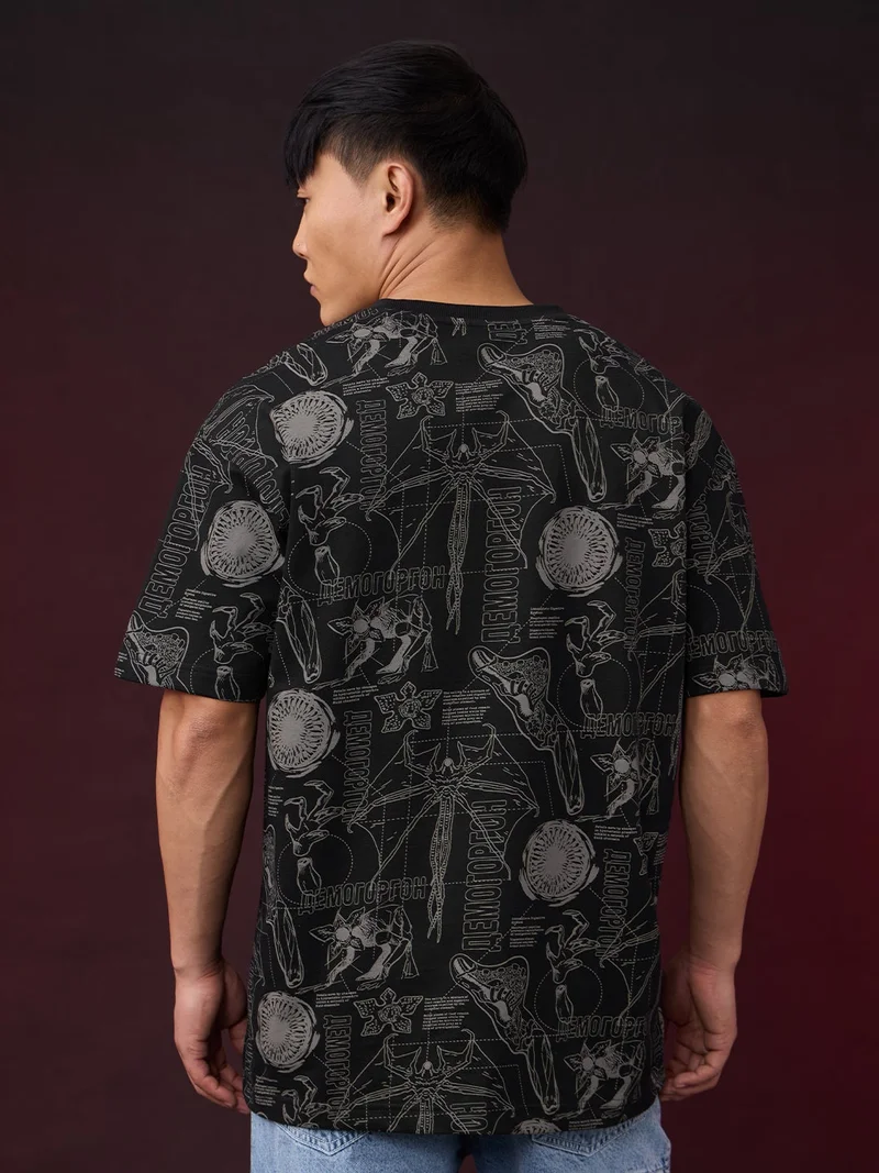 The Souled Store  The Souled Store Stranger Things: Logo Men and Boys Short Sleeves Round Neck Black Graphic Printed Monster Graphic Oversized T-Shirt for Men | Best Price UAE