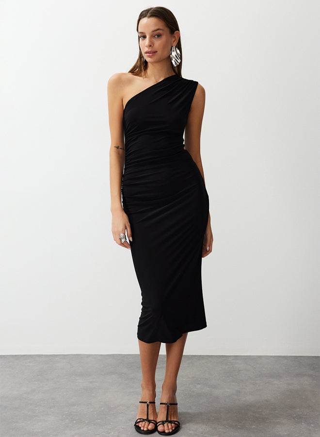 trendyol Black One Shoulder Draped Fitted Flexible Knitted Midi Pencil Dress - Image 3