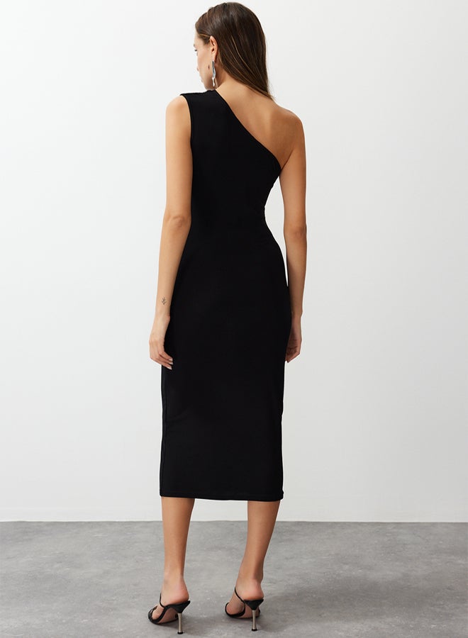 trendyol Black One Shoulder Draped Fitted Flexible Knitted Midi Pencil Dress - Image 5