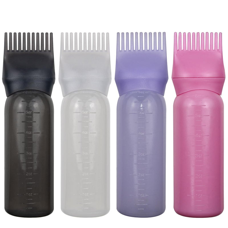 FZWONVUC 4 Pack Root Comb Applicator Bottle, Hair Oil Applicator, Oil Comb Applicator Bottle for Hair Dye Shampoos Hair Salons (Black+White+Purple+Pink) - Image 1