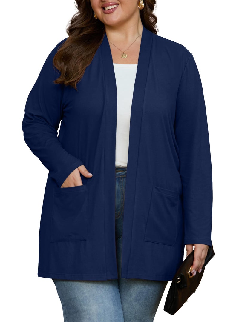 OLRIK Navy Blue Cardigan For Women Plus Size Womens Sweaters Plus Size Long Sleeve Navy Blue-2X - Image 2